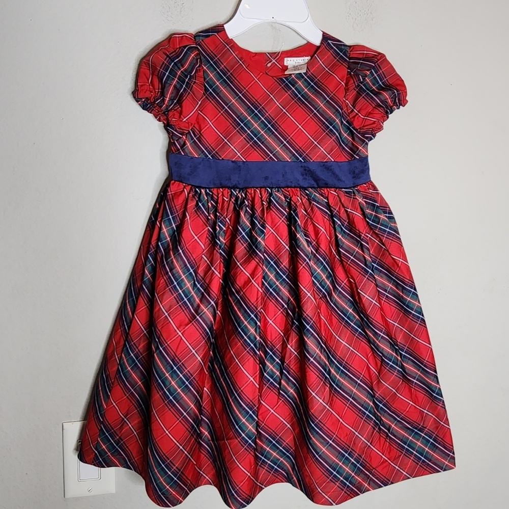 Max Studio Kids Red Christmas Plaid Sateen Dress Velvet Bow Size 6 New